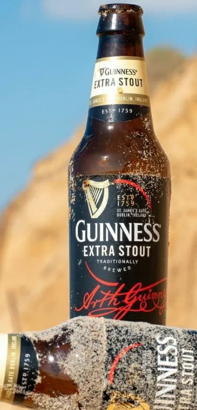 Guinness Extra Stout bottles on a sunny beach with sandy rocks.