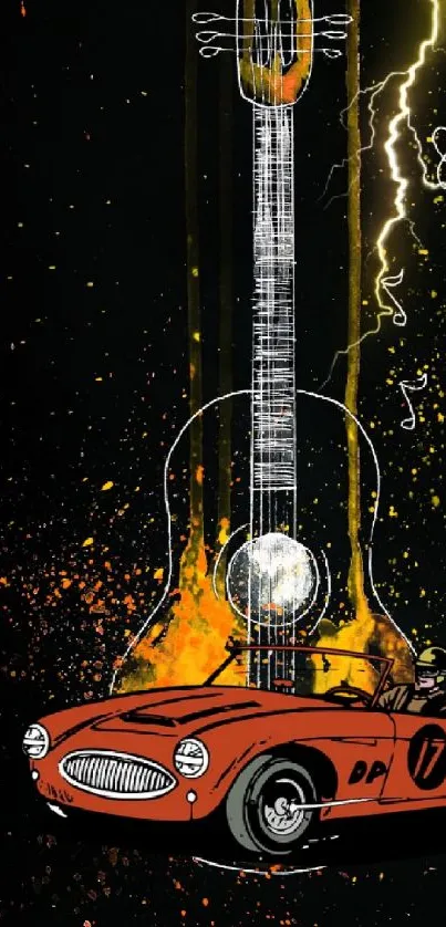 Abstract lightning guitar with vintage car and music notes.