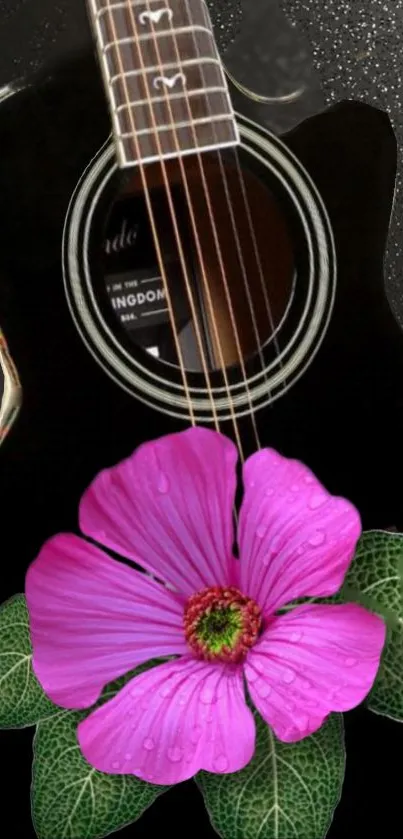 Guitar with pink flower and leaves wallpaper.