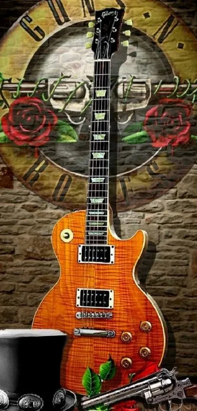 Electric guitar with roses and rock theme on brick background.