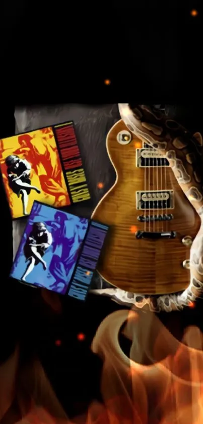 Guitar and snake with colorful album covers on black background.