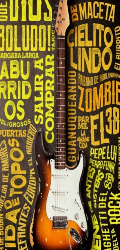 Guitar with yellow typography art on black background.