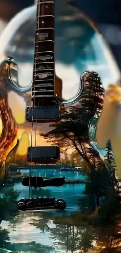 Guitar with scenic nature reflection in vibrant colors.