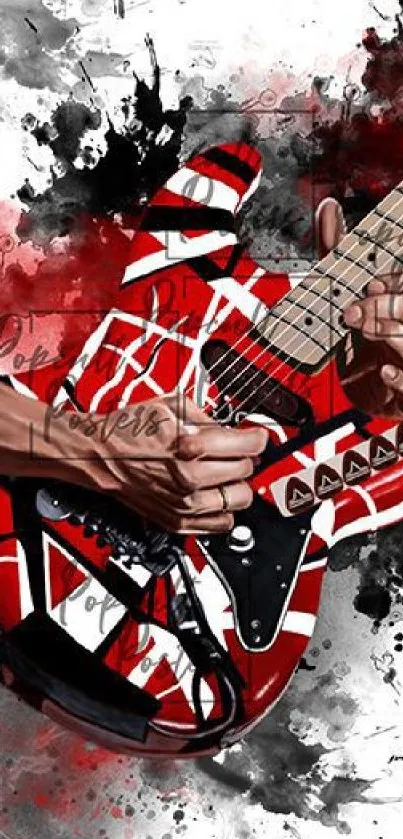 Abstract guitar with red and black paint splashes on mobile wallpaper.