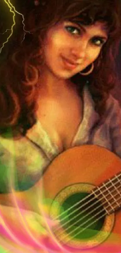 Artistic portrait of a woman with a guitar and vibrant colors.