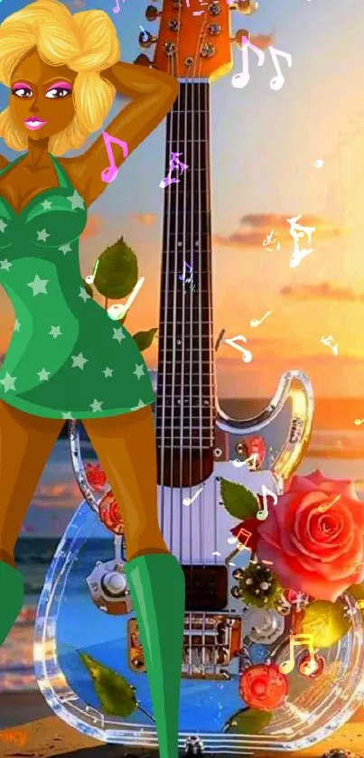 Cartoon woman with guitar at sunset beach.