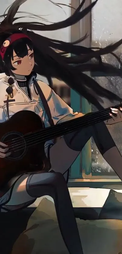 Anime girl playing guitar by window in cozy setting.