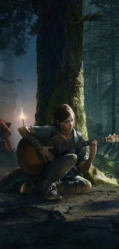 Person playing guitar in a mystical forest under a tree, creating a serene atmosphere.