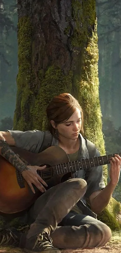 Person playing acoustic guitar in sunlit forest.