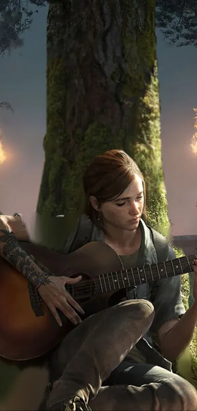 A woman plays guitar by a tree, illuminated by torches.