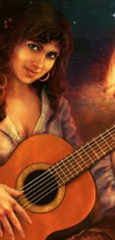 Woman playing guitar by campfire at night under starry sky.