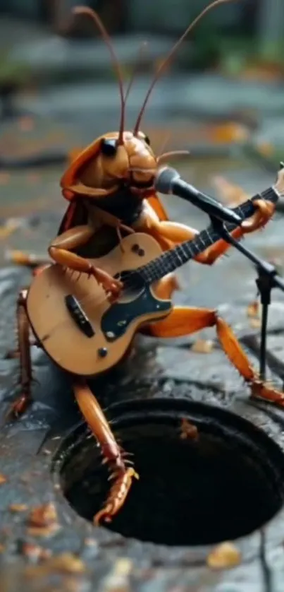 Insect playing guitar on manhole cover.