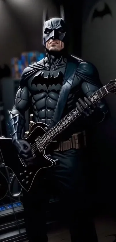 Superhero in black suit playing electric guitar in dim light.