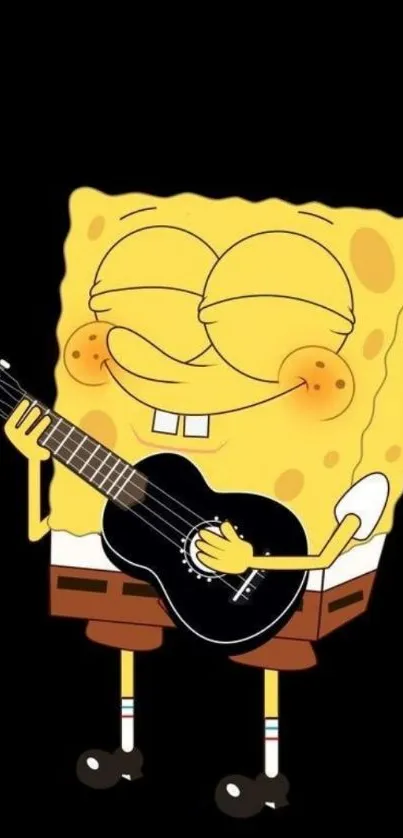 Yellow cartoon character with a guitar on black background.