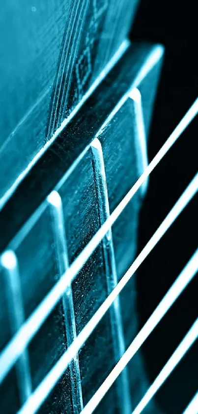 Close-up of guitar strings with blue tones for a music wallpaper.