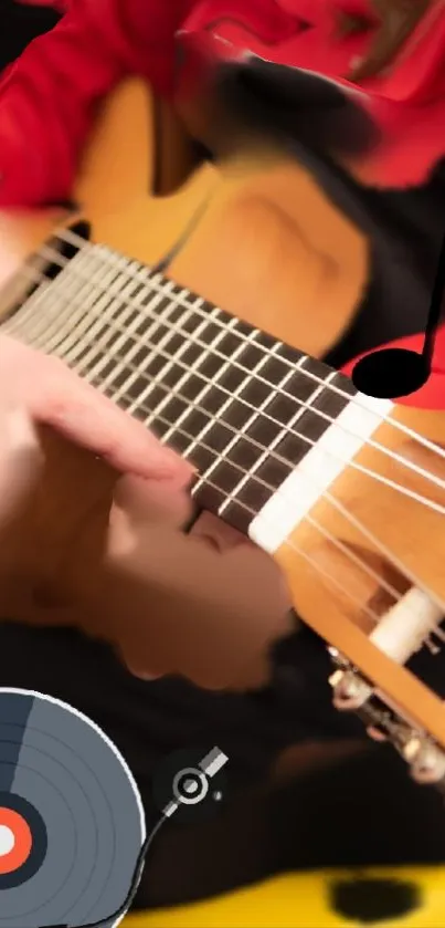 Guitar being strummed with music notes and a record illustration.