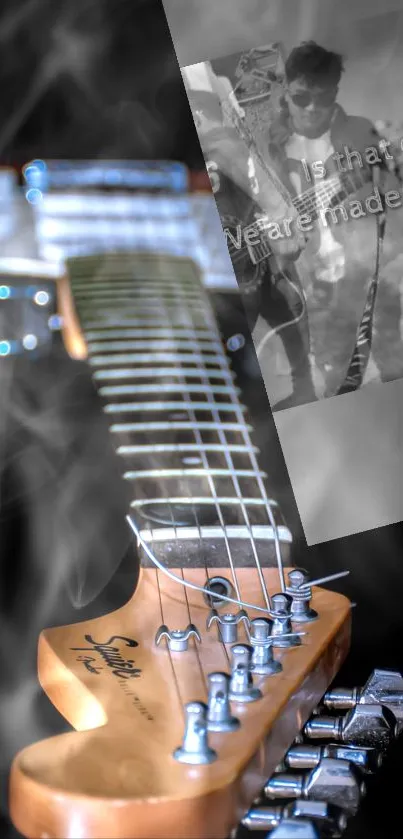 Closeup guitar and smoke effects on wallpaper.