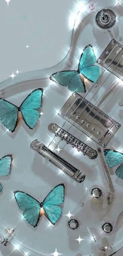 Transparent guitar with blue butterflies and a soft, sparkling background.