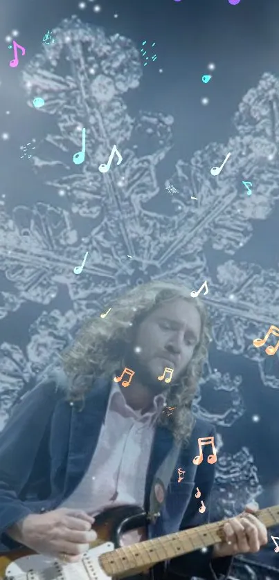 Guitarist playing under snowflake with colorful musical notes.