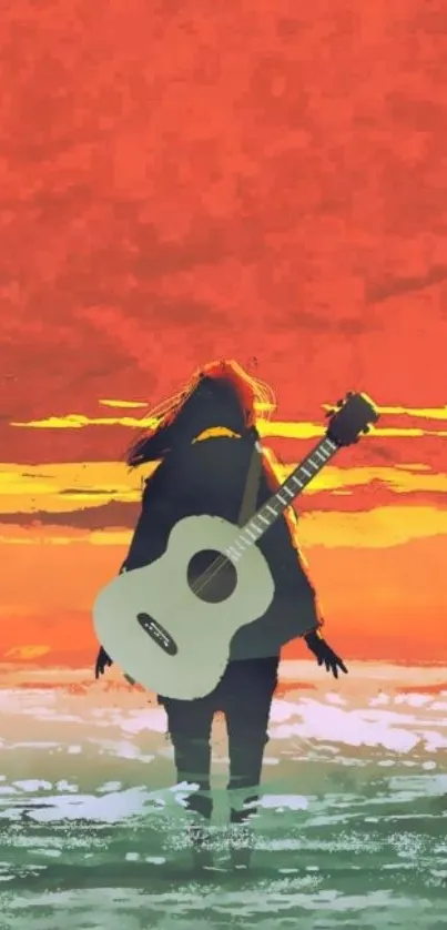 Silhouette of a guitarist bathed in a vivid sunset against the ocean backdrop.