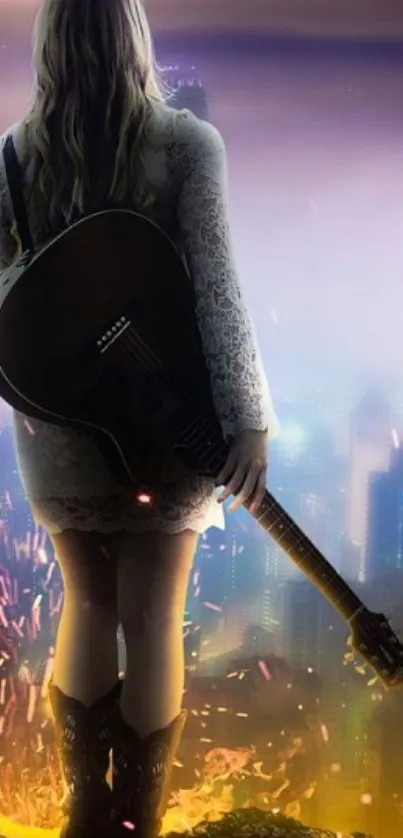 Woman guitarist stands with guitar in hand against a cityscape at night.