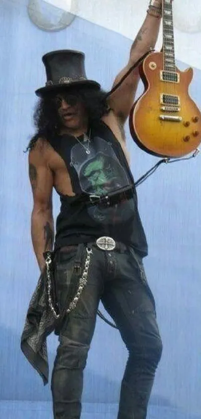 Iconic guitarist performing on stage with electric guitar.