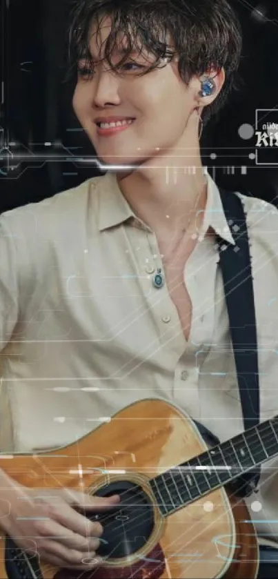 Musician playing guitar in beige shirt on stage