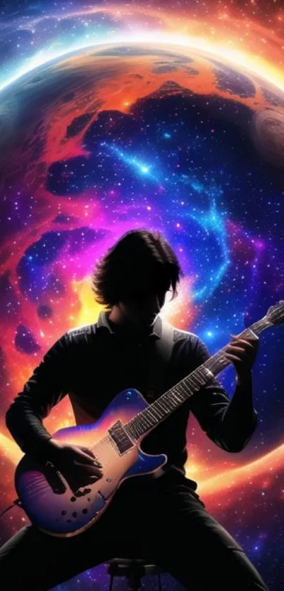 Silhouetted guitarist with glowing cosmic backdrop, vibrant and artistic.