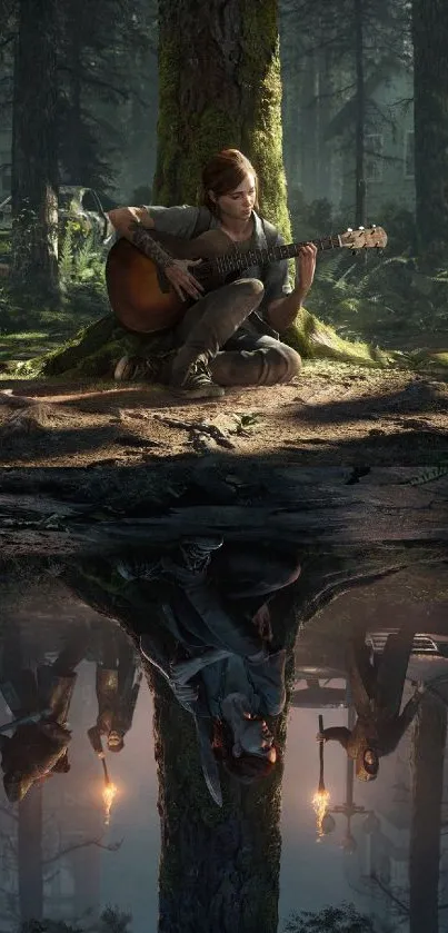 Guitarist reflected in a mystical forest scene with surreal atmosphere and colors.