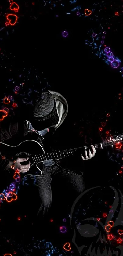 Guitarist in dark with neon hearts and lights enveloping the scene.