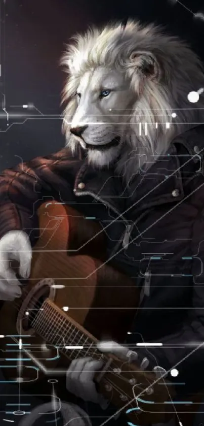 White lion playing a guitar in a dark, artistic scene.