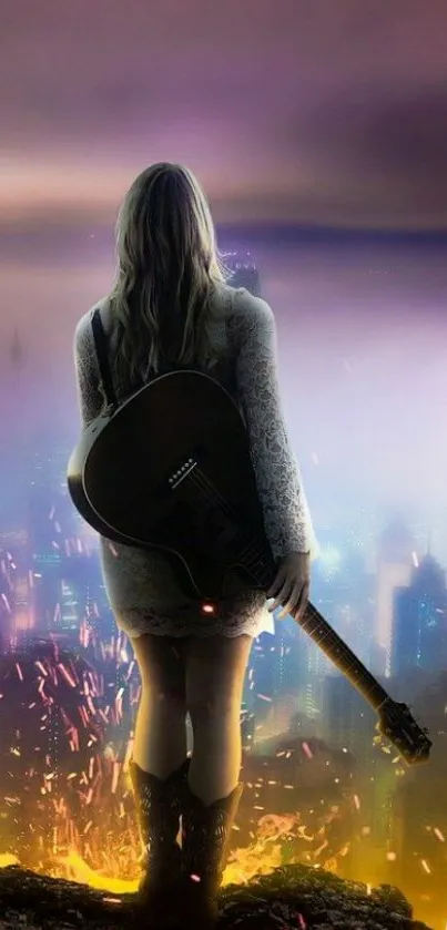 Woman with guitar facing vibrant cityscape at night.