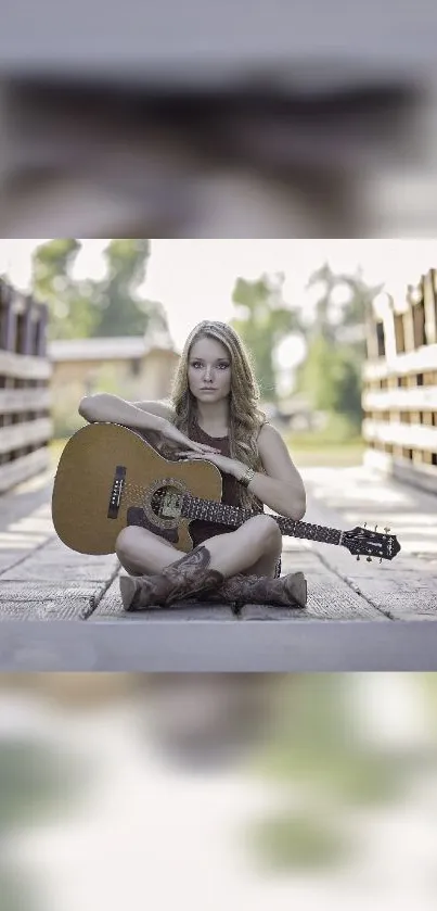 Woman with guitar on rustic bridge, serene setting.