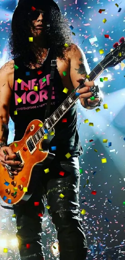 Guitarist on stage with vibrant lights and confetti.