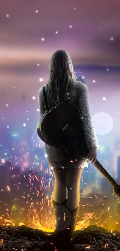 Guitarist stands before glowing cityscape under a mystical sky.