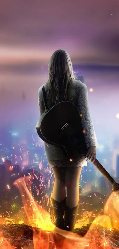 Lone guitarist gazes over a vibrant, colorful city skyline at night.