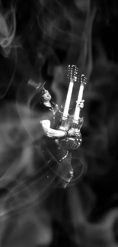 Black and white silhouette of a guitarist with a double-neck guitar.