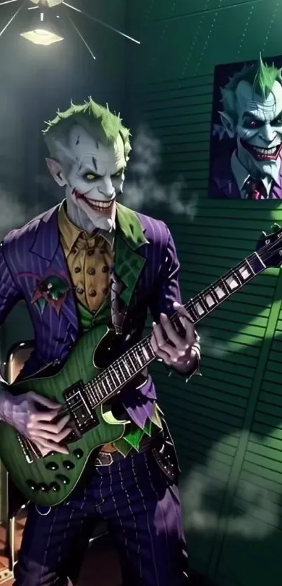 Villain playing guitar in a dark room with a green guitar and purple suit.