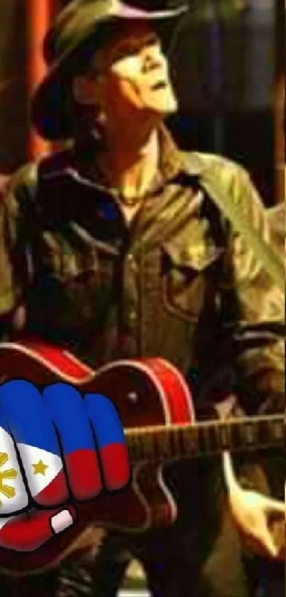 Guitarist holding guitar with national emblem displayed.