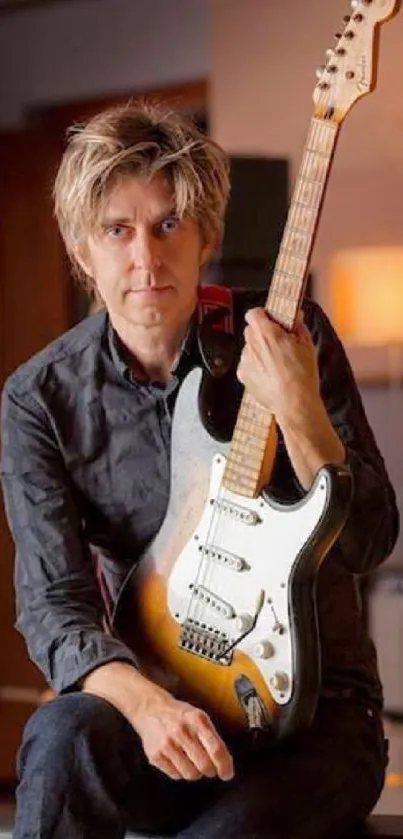 Musician with a vintage electric guitar in a warm and cozy room setting.