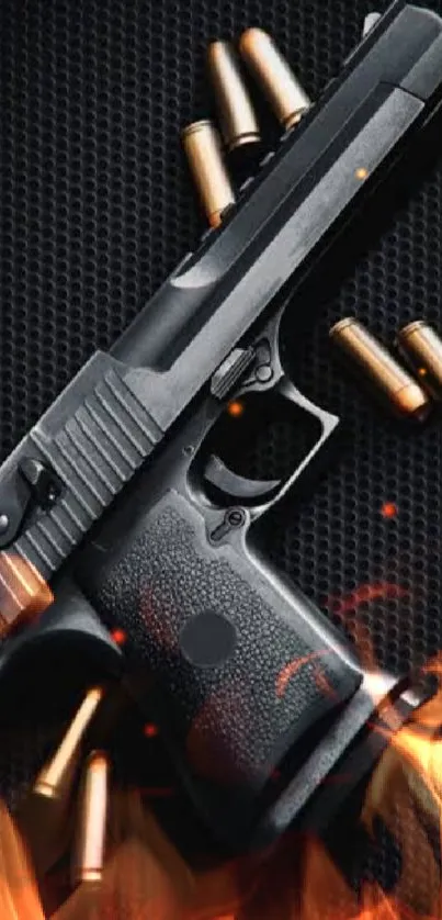 Black handgun with bullets and flames on dark background.