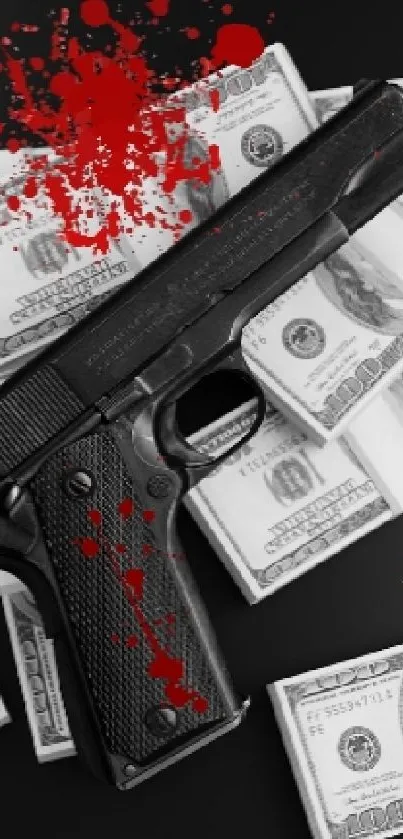 Dark wallpaper with gun and money, red splatter highlights.