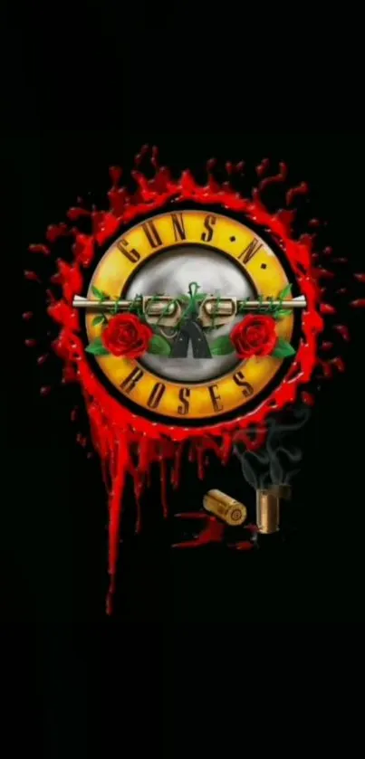 Guns and Roses logo with red roses and bullet casings on a black background.