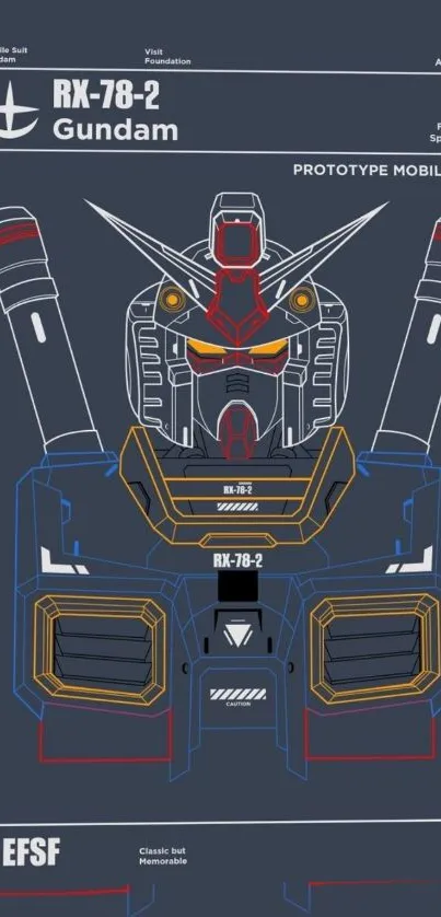Detailed RX-78-2 Gundam blueprint for mobile screens in dark blue hues.