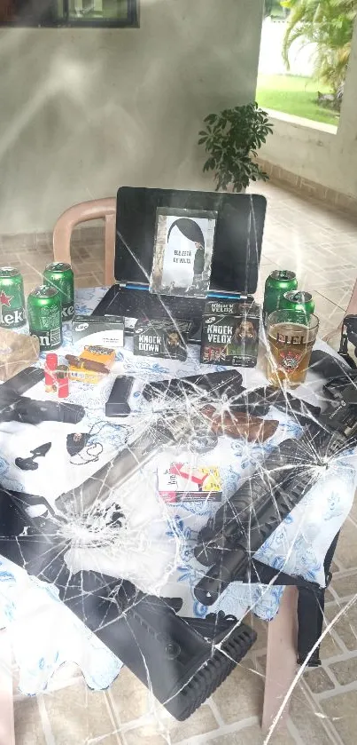 Table with gadgets and firearms in outdoor setting.