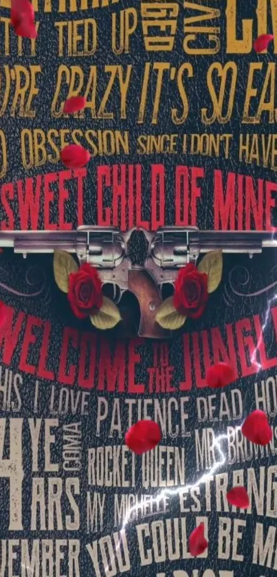 Guns and Roses themed wallpaper with roses and song titles.