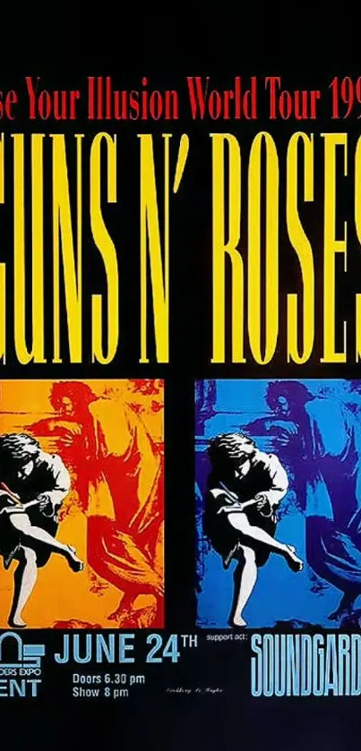 Guns N' Roses 1992 tour poster with vibrant colors.