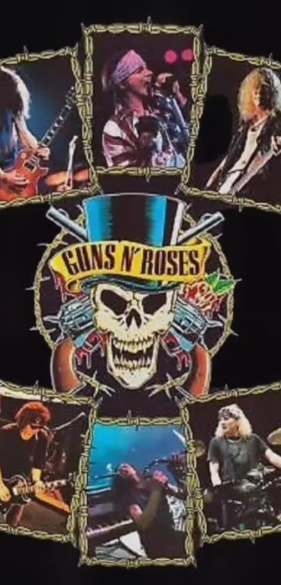 Guns N' Roses band artwork with vibrant concert scenes on a dark background.