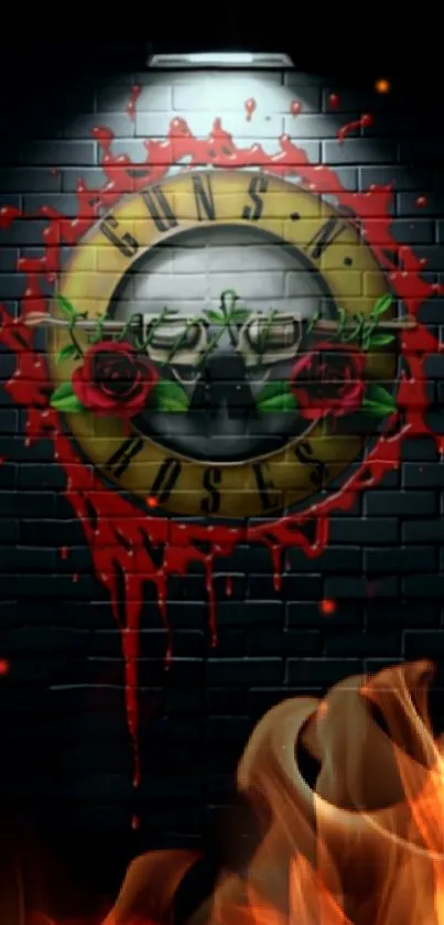 Guns N' Roses logo on a black brick wall with red accents.