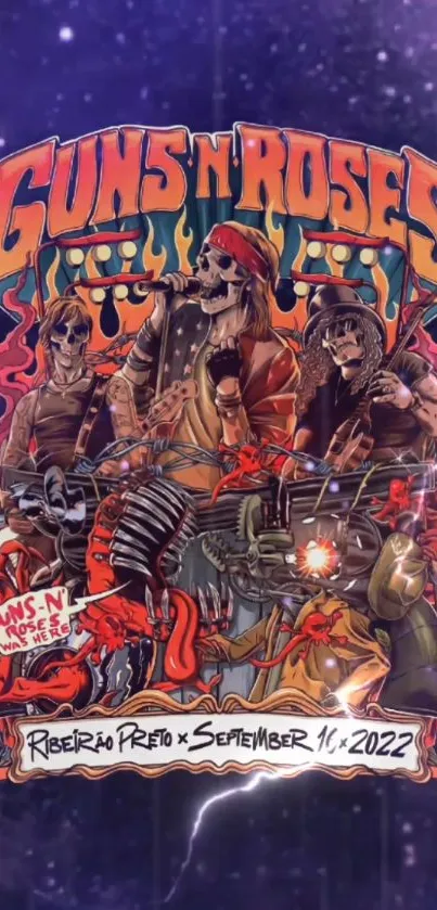 Stylized Guns N' Roses concert poster art with vibrant colors.